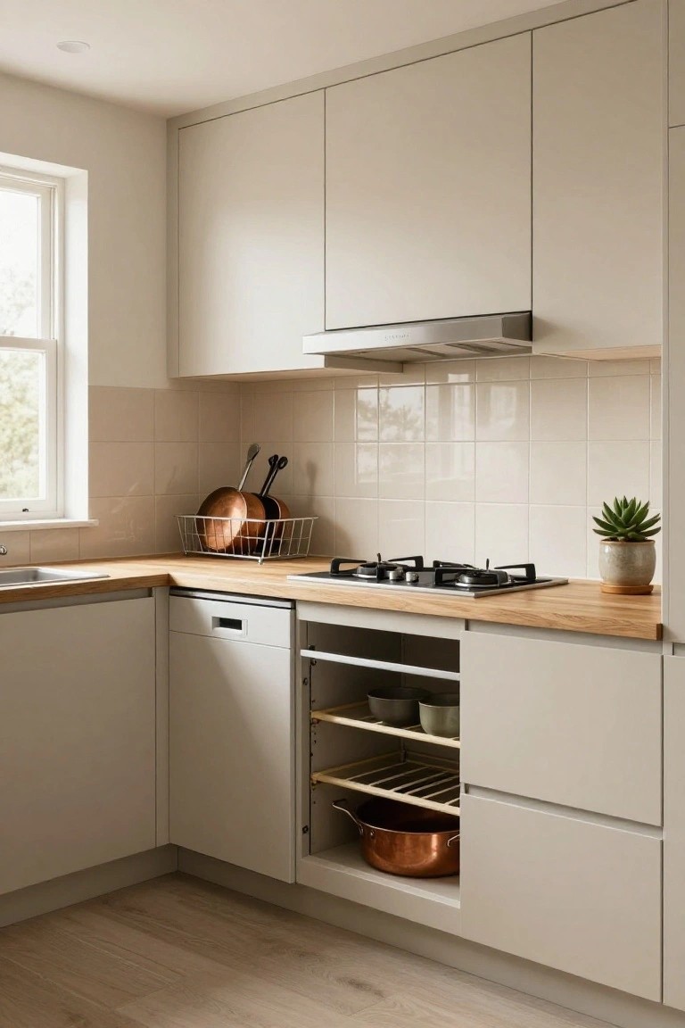 Corner view of a modern kitchen with light beige matte cabinets, oak countertops and flooring, integrated dishwasher and gas stove, open shelving with copper pots and bowls, white subway tiles, and a potted succulent.
