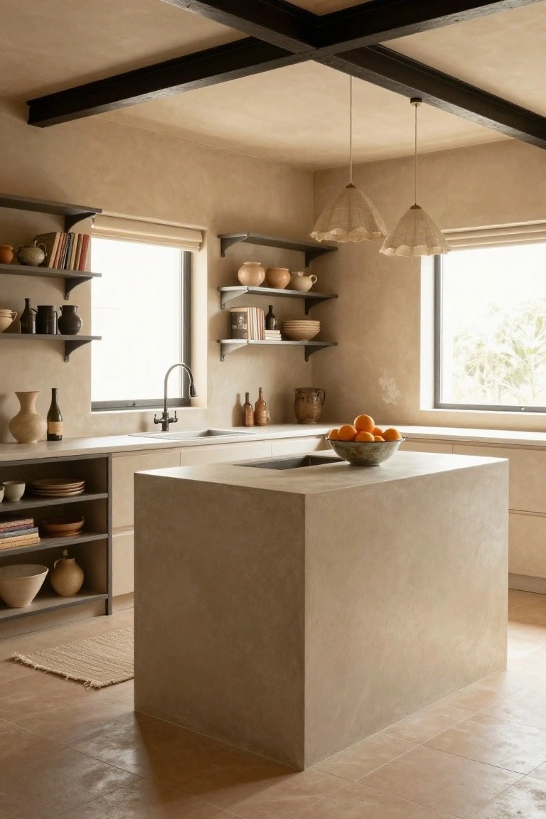 Beige kitchen featuring textured plaster walls and ceiling with dark exposed wooden beams, open black metal shelves holding pottery and jars, white countertops, a central beige stone island topped with a bowl of oranges, and large windows with roller shades.