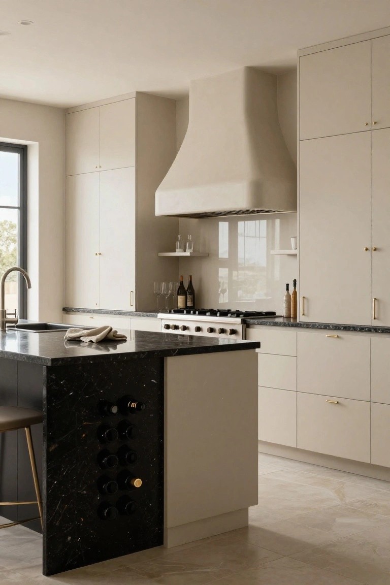 Modern kitchen with light beige flat-panel cabinets, curved white range hood, stainless steel gas range, black marble island featuring integrated wine bottle holders, and large window with outdoor view.
