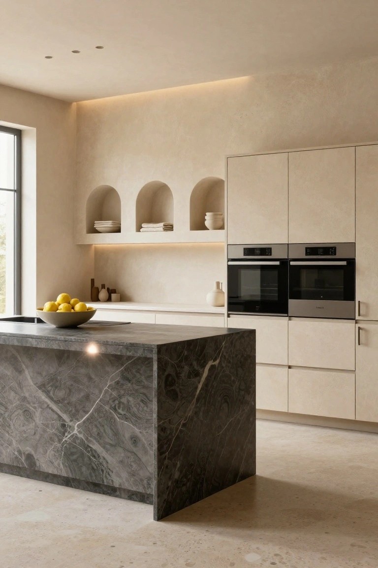 Modern kitchen with beige flat-panel cabinets, three arched wall niches holding dishes, double wall ovens, and a large dark gray veined marble island topped with a bowl of lemons.