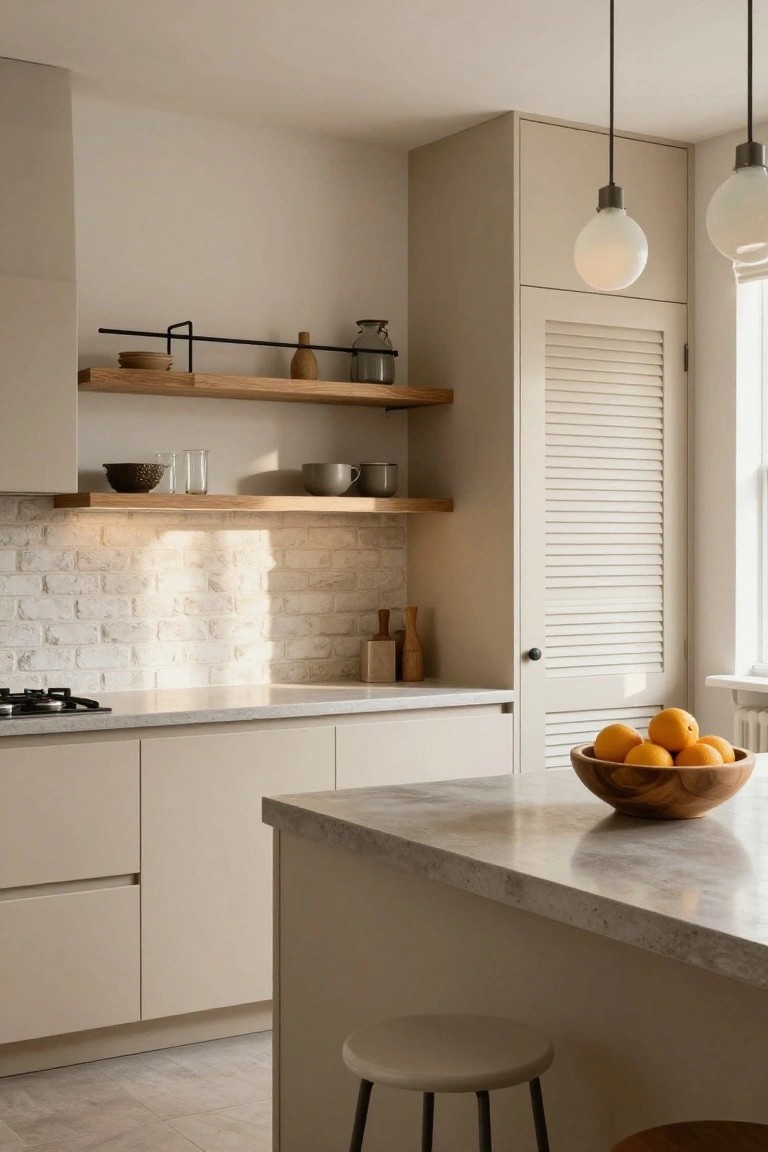 Beige kitchen with light cabinets, wooden open shelves stocked with pottery, exposed white brick backsplash behind gas cooktop, quartz island holding wooden bowl of oranges, and tall louvered pantry door.