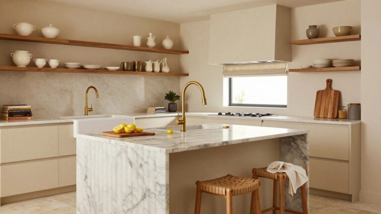 A light beige kitchen with Shaker-style cabinets, Calacatta marble backsplash and countertops, brass faucets at sink and island, wooden bar stools, open oak shelving with pottery, and lemons on the cutting board.