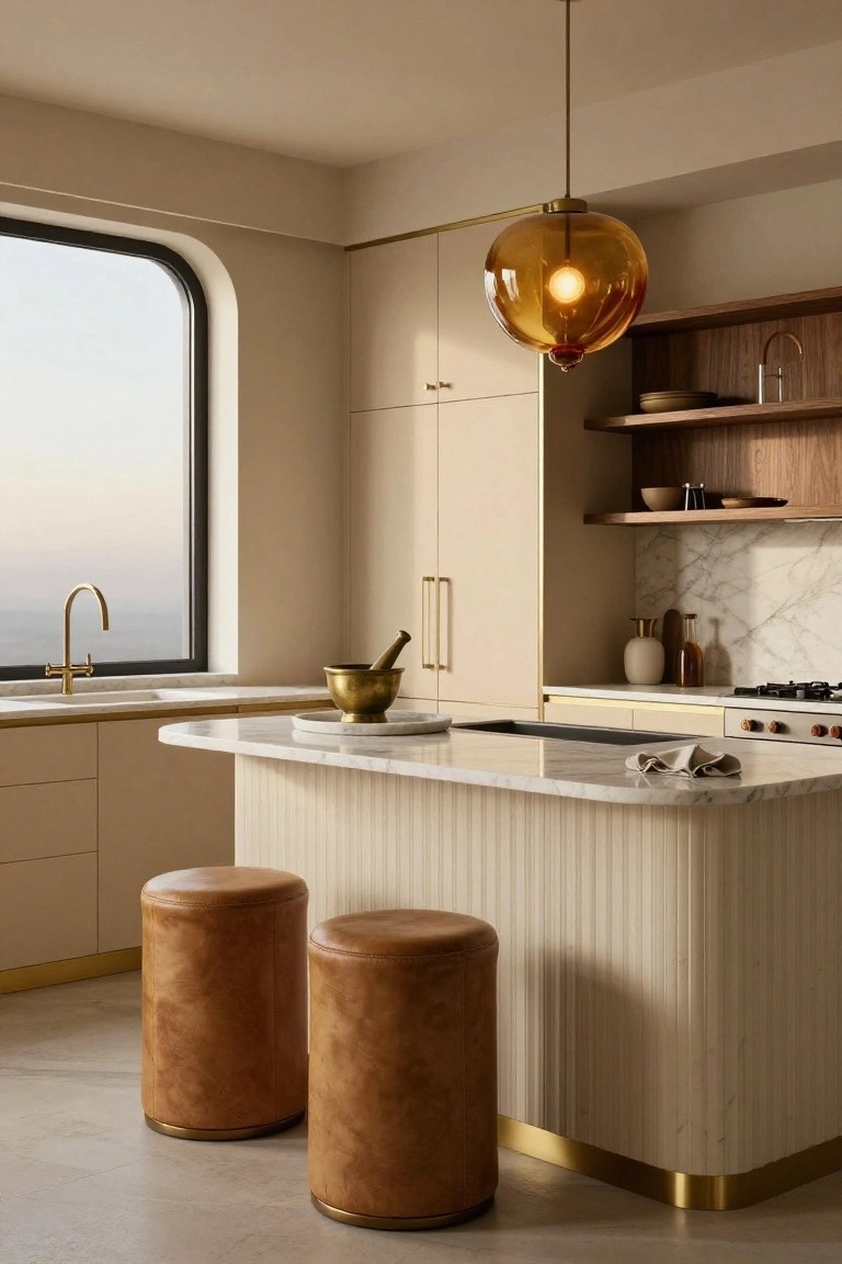 Pale beige kitchen with curved fluted island, tan leather stools, gold hardware, brass faucet, and large curved window showing ocean view.