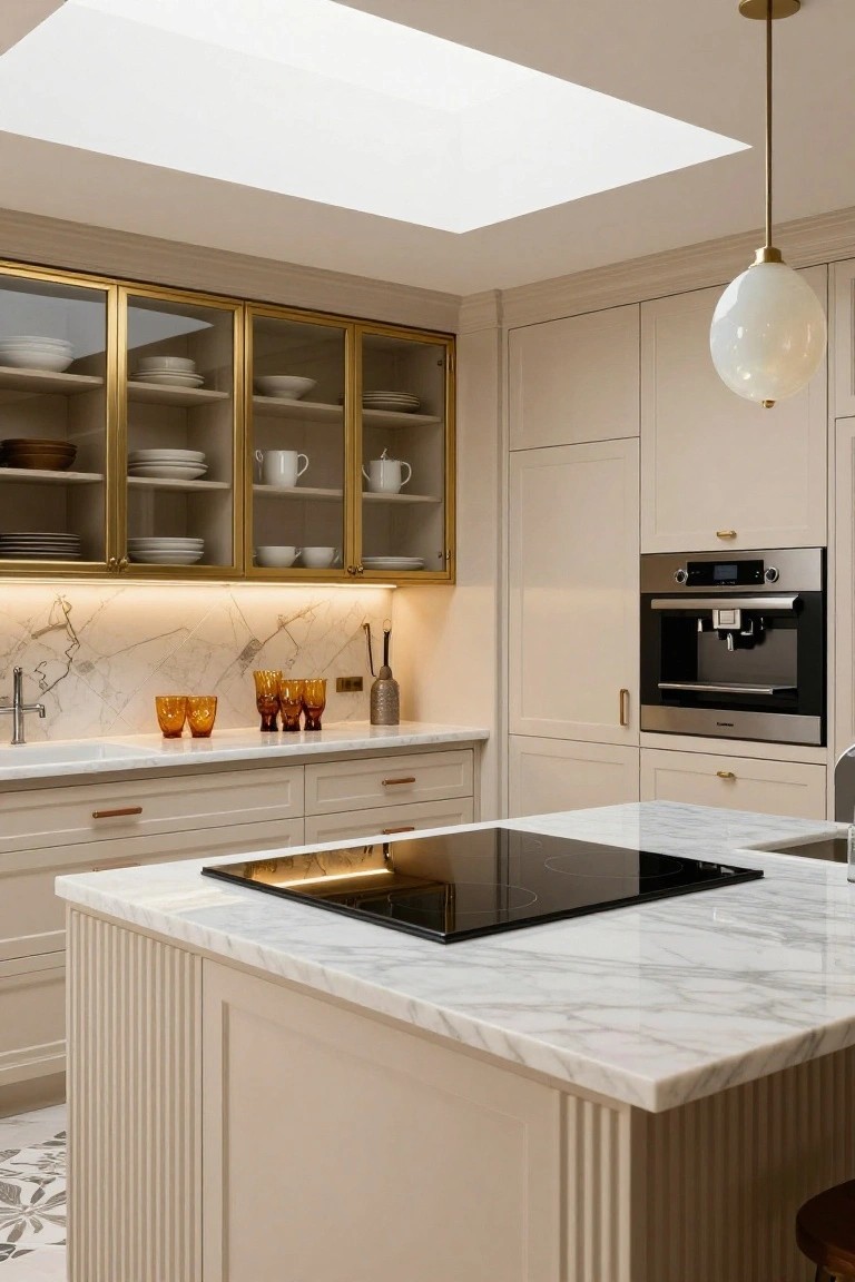 Luxury kitchen with soft beige fluted island topped by white marble countertop, gold-framed glass upper cabinets, integrated cooktop, beige lower cabinets, marble backsplash, and skylight overhead.