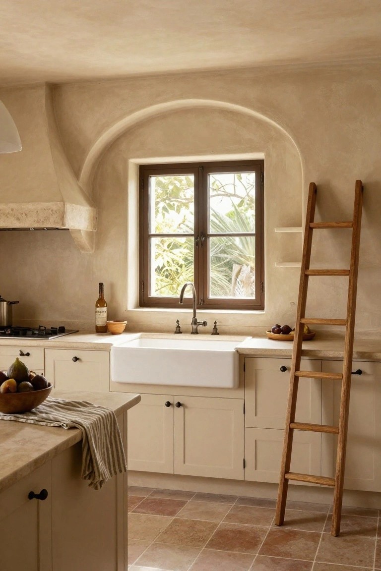Beige kitchen interior with cream cabinets, white farmhouse sink, gas cooktop, leaning wooden ladder shelf next to cabinets, arched window with greenery outside, and terracotta tile floor.