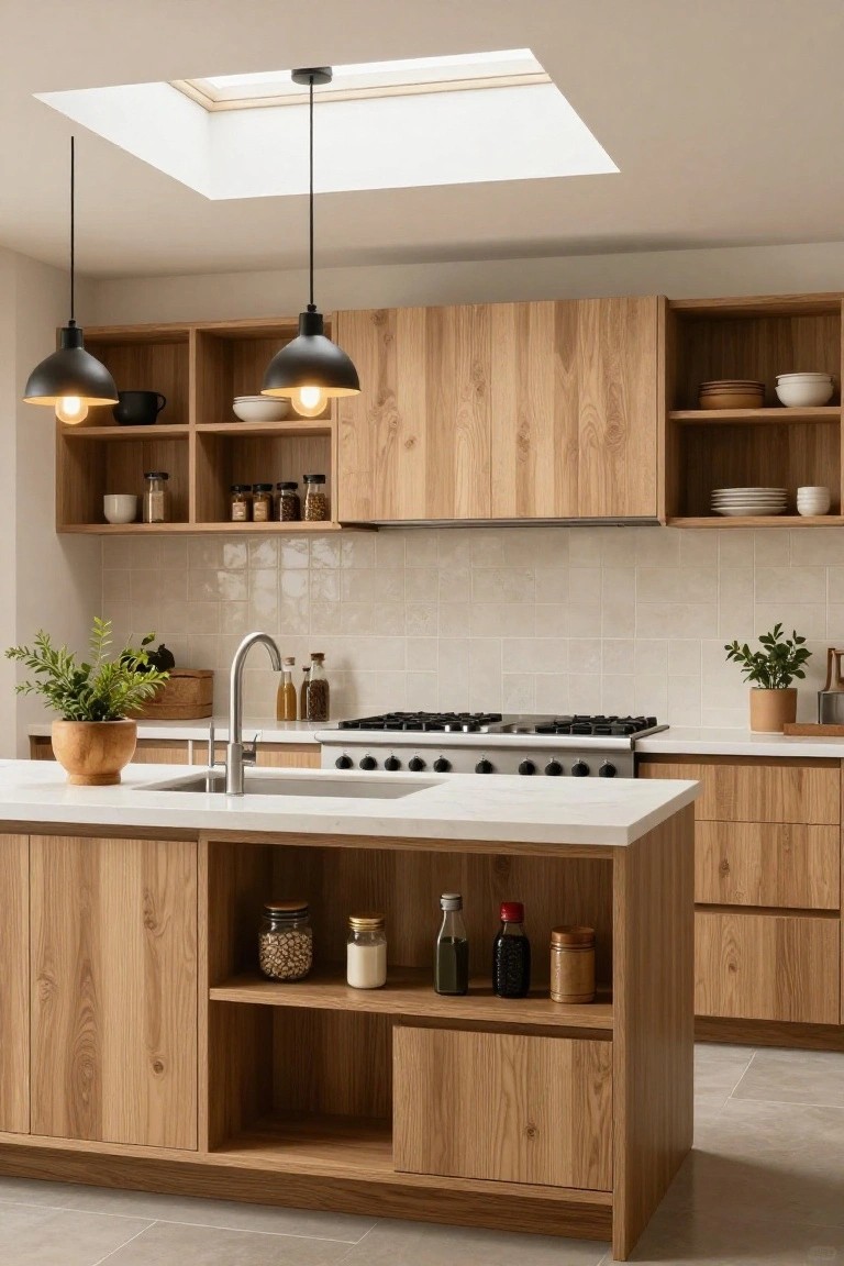 Modern kitchen featuring light oak cabinets, beige subway tile backsplash, white quartz island countertop, gas range, pendant lights, and skylight overhead.