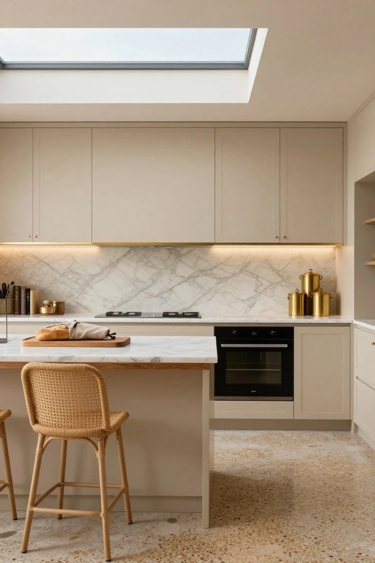 Contemporary kitchen with light beige cabinets, white veined marble backsplash and island countertop, under-cabinet LED lighting, gold cookware on open shelves, rattan bar stools, built-in oven, and terrazzo tile floor.