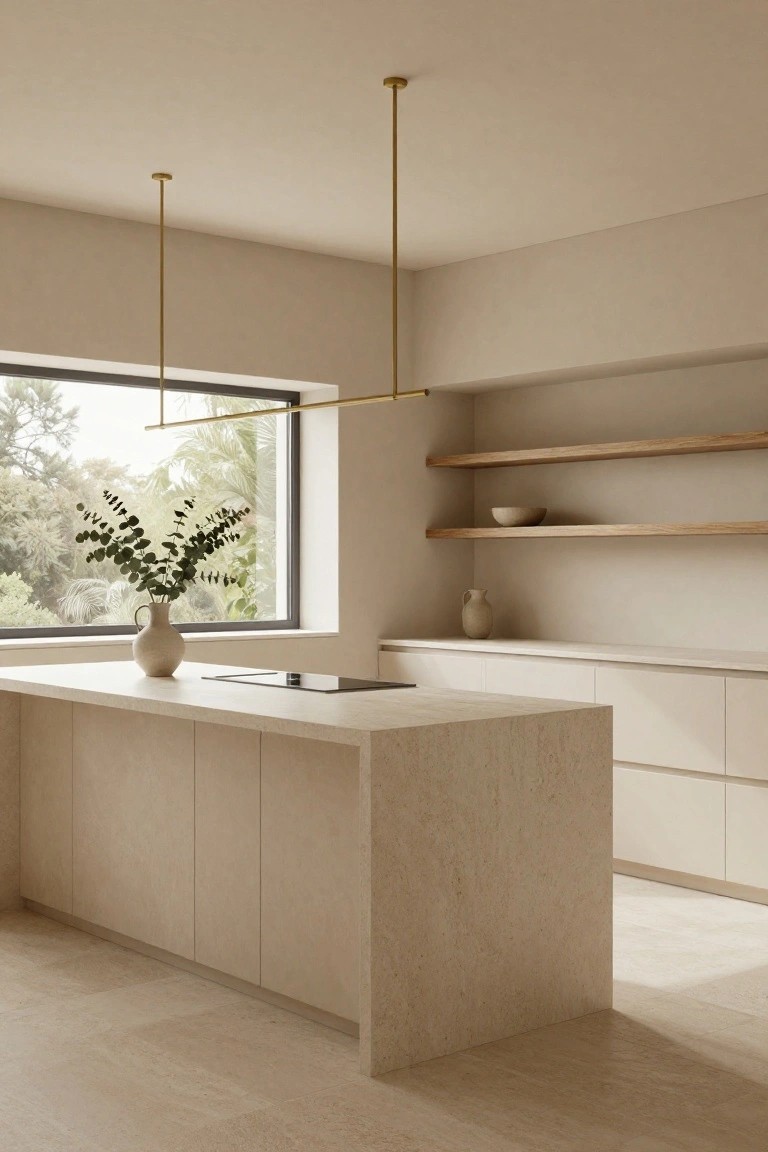 Modern beige kitchen with large island, integrated cooktop, linear gold pendant light from ceiling, open oak shelves displaying pottery, and window with view of green trees and plants.