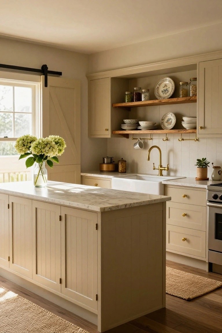 Kitchen with pale beige shaker cabinets, marble island countertop, white farmhouse sink with gold faucet, open wood shelves holding dishes and jars, and hydrangeas in a vase.