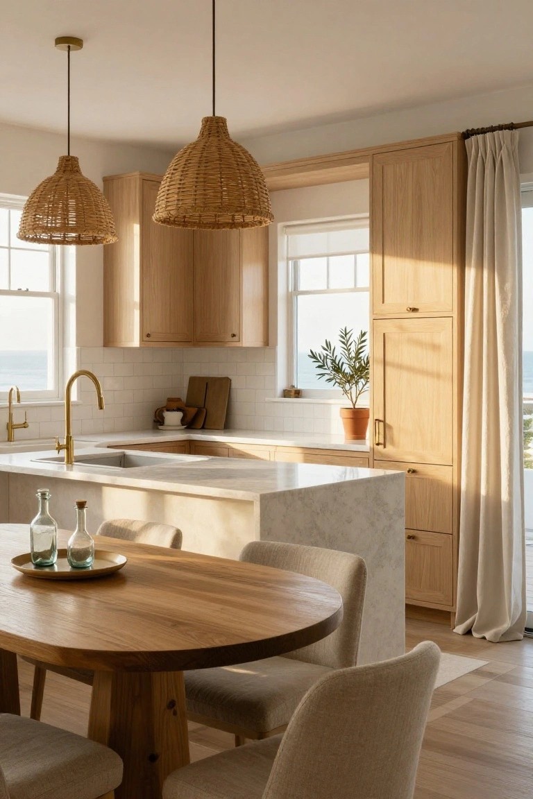 A bright kitchen with light oak cabinets, white subway tile backsplash, beige marble island topped with an oval wooden dining table and beige upholstered chairs, two hanging woven rattan pendant lights, gold faucets, potted plants, and large windows showing an ocean view.
