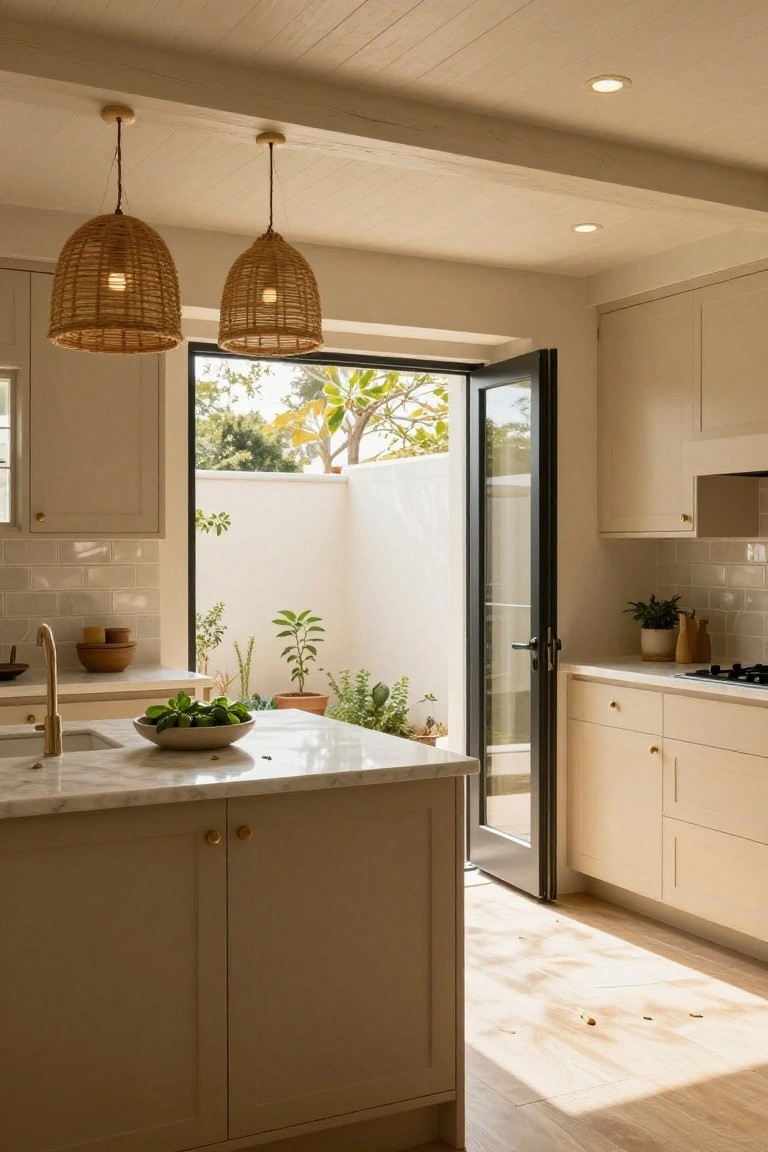 Kitchen interior featuring light beige shaker-style cabinets, a white marble island with beige base cabinets, two woven rattan pendant lights, brass hardware, and black French doors open to a small planted courtyard.