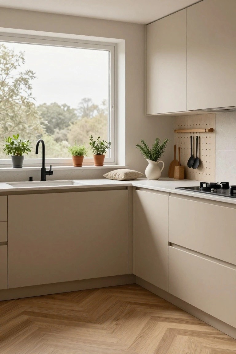 Soft Beige Cabinets with Herringbone Floors