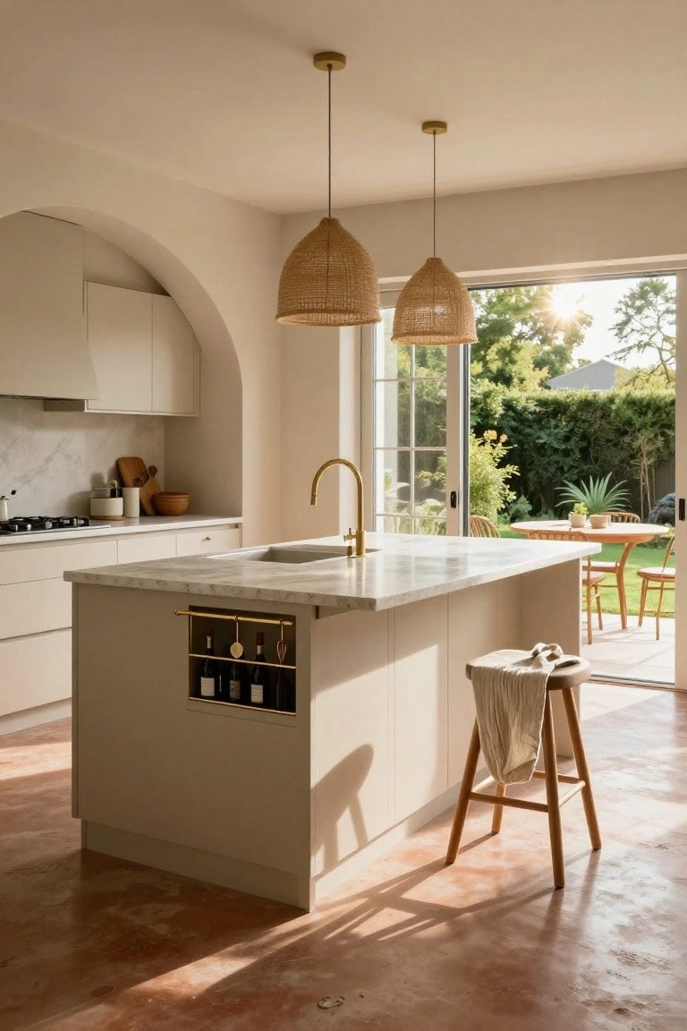 A light beige kitchen with arched cabinetry, marble island countertop, brass faucet and hardware, rattan pendant lights, and terracotta tile floor, with French doors opening to a garden patio and dining table.
