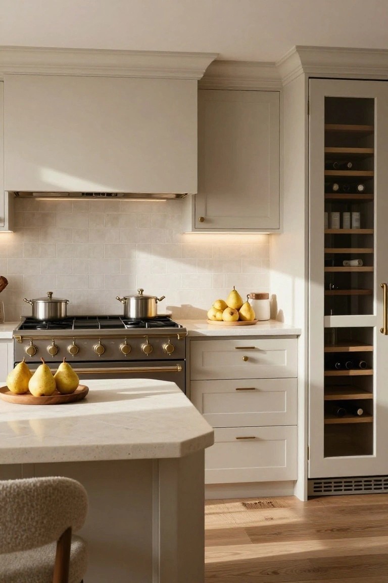 A luxury kitchen with cream shaker cabinets, brass six-burner range cooker on a marble island holding pears, two pots on the stove, and a tall glass-fronted wine storage cabinet.