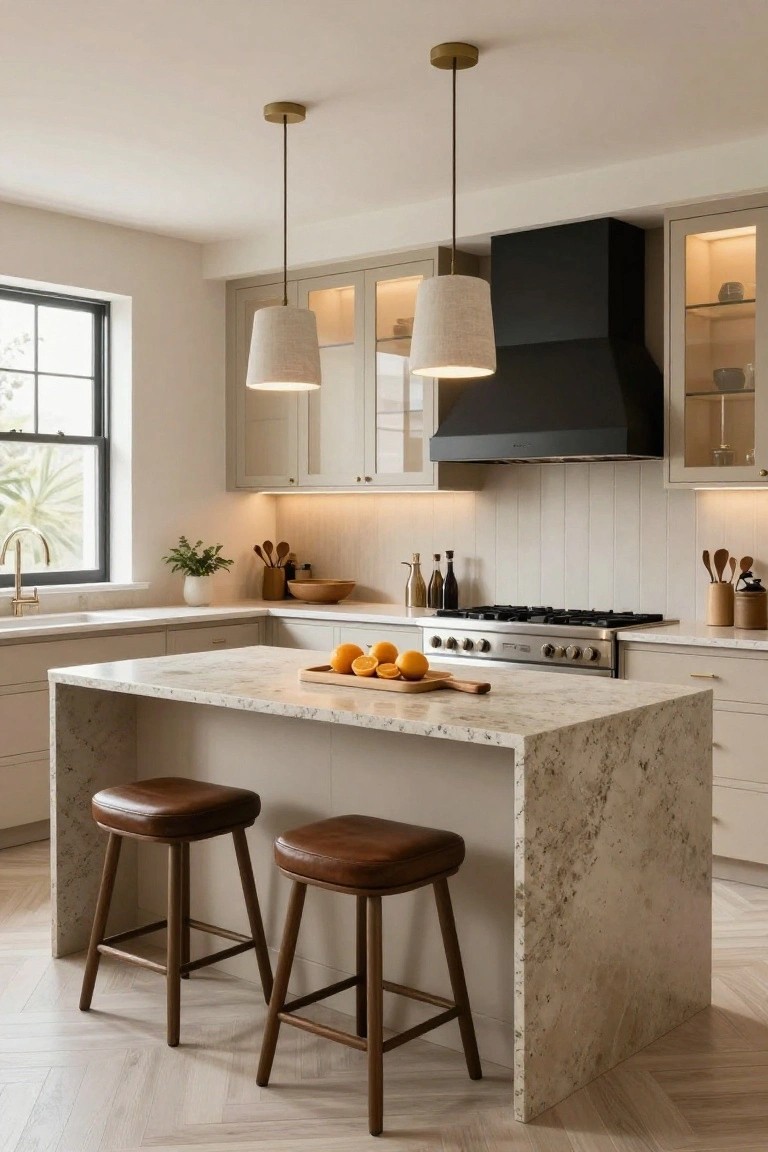 Beige kitchen featuring light gray cabinets, white shiplap backsplash, black range hood over stainless steel range, large beige quartz waterfall island with two brown leather stools, and a window with plants outside.