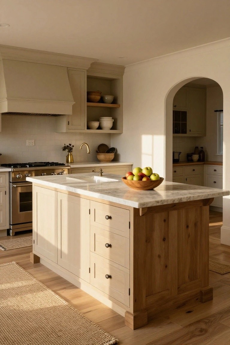 Light beige kitchen with cream cabinets, a central island on wooden legs with white marble countertop and wooden bowl of apples, gold faucet, and open shelving.
