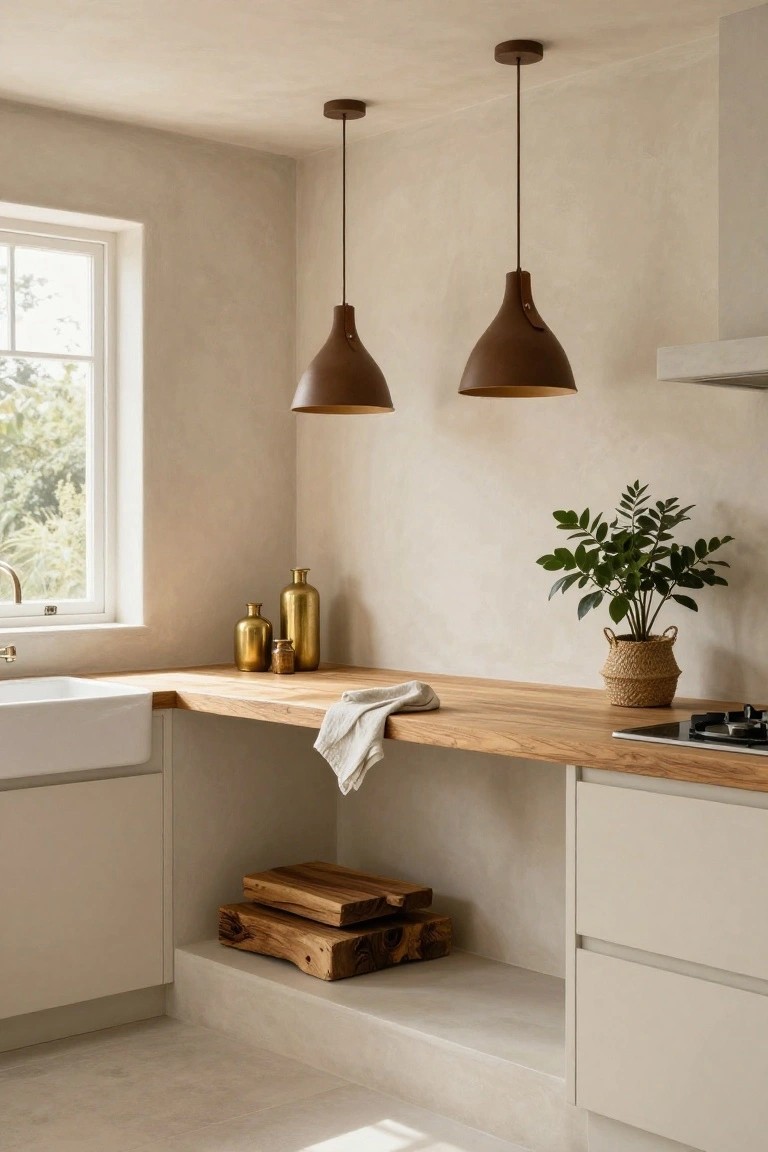 Corner of a beige kitchen with oak wood countertop, white farmhouse sink, two brown pendant lights hanging above, brass vases and a potted plant on the counter, beige cabinets below, and a window with greenery outside.