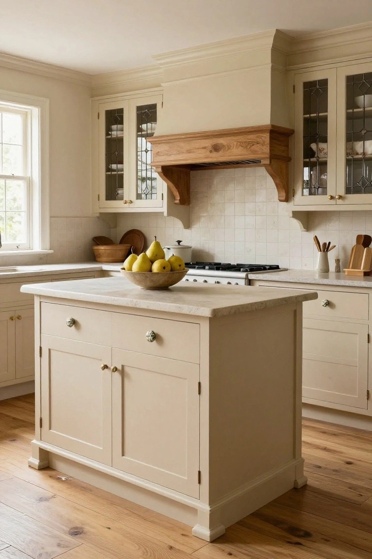 Light beige kitchen with creamy painted cabinets, oak wood range hood, white subway tile backsplash, central island topped with a bowl of pears, and hardwood floors.