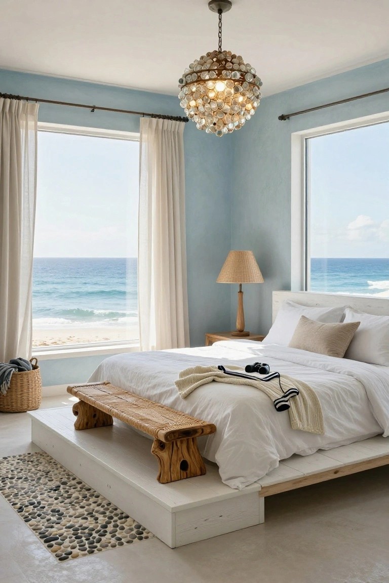 Bedroom with light blue walls, large curtained windows showing ocean and beach, white platform bed with neutral linens and striped throw, wooden bench at foot, beaded chandelier overhead, rattan lamp on bedside table, pebble rug, and basket on floor.