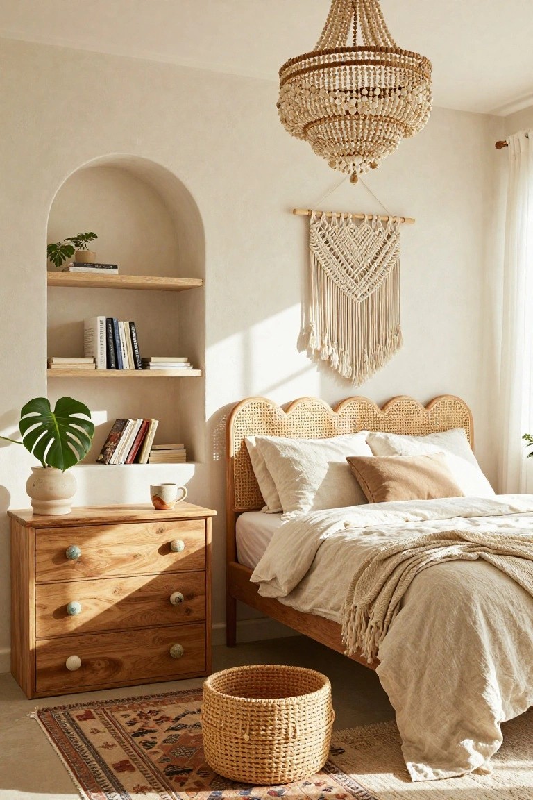 A bedroom with a large beaded chandelier hanging over a rattan headboard bed, neutral walls featuring an arched niche with shelves and plants, wooden nightstand, macrame wall hanging, and woven basket on a patterned rug.