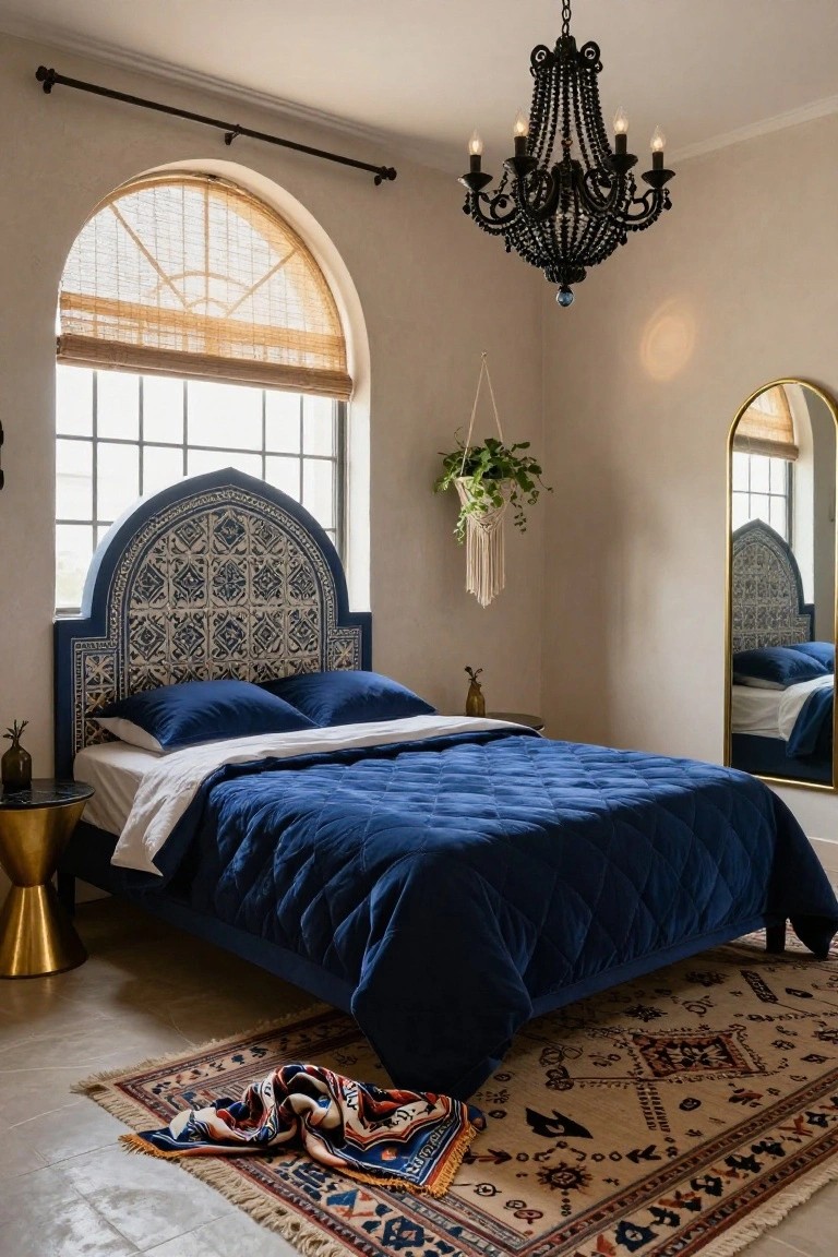 Bedroom with blue velvet quilted bed and matching arched headboard, black beaded chandelier overhead, arched window with bamboo shade, gold side table, potted plants, macrame hanger, gold mirror, and patterned rug on tile floor.