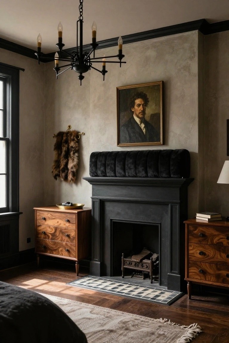 Bedroom interior with black metal chandelier hanging from ceiling above dark fireplace with black velvet cushion, wooden dressers on either side, portrait painting on wall, fur pelt hanger, and partial view of bed on wood floor.