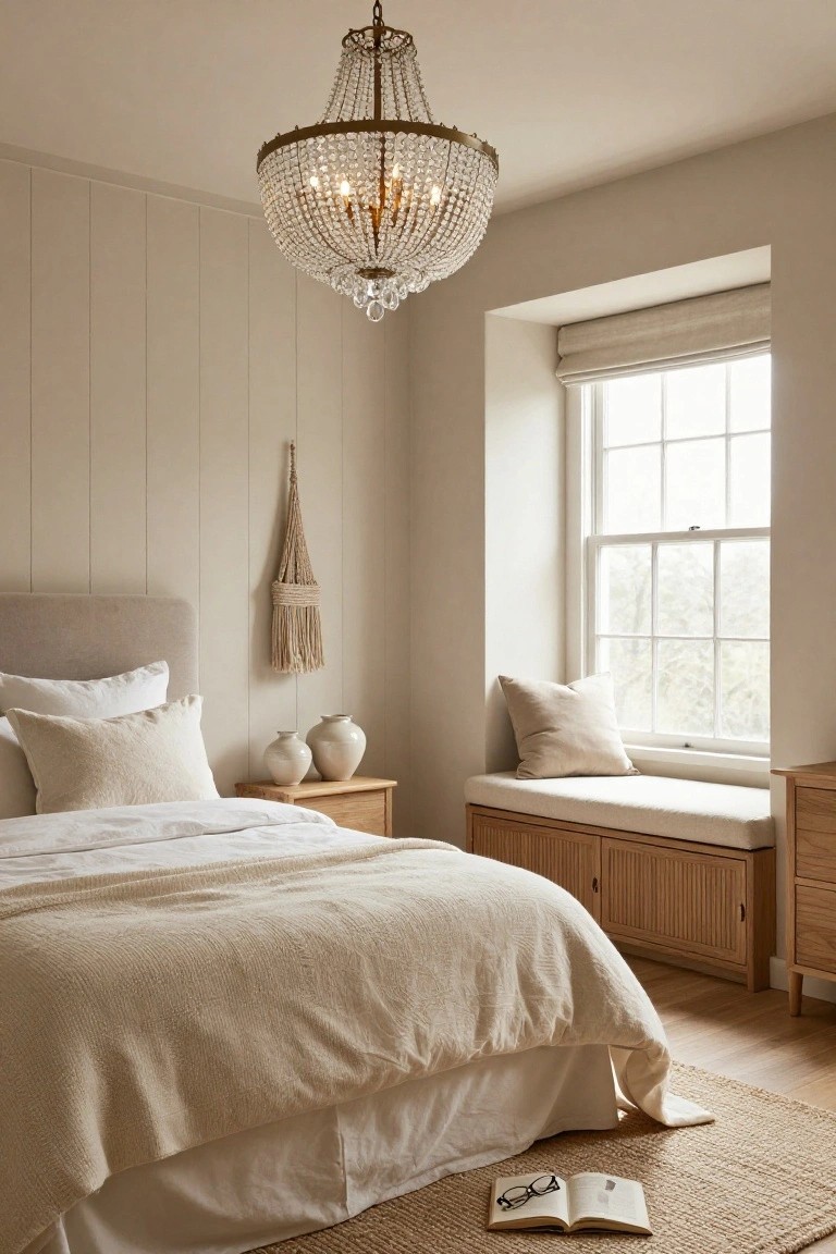 A light beige bedroom with paneled walls, a large crystal chandelier hanging from the ceiling, an upholstered bed with white sheets and beige throw, wooden nightstand and window bench, macrame wall hanging, two ceramic vases, and an open book on a seagrass rug.