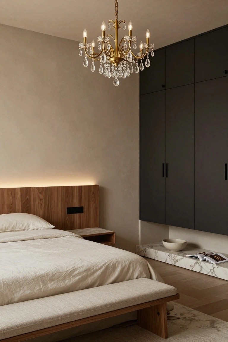 Modern bedroom with gold crystal chandelier above bed on wooden headboard with LED strip, white linens, black wardrobes, nightstand, bench, and neutral walls.