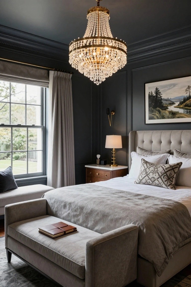 A bedroom featuring navy paneled walls, a large sparkling crystal chandelier centered over a gray tufted upholstered bed with neutral pillows and bedding, a gray velvet bench at the foot, a landscape painting, and a bedside table with lamp.