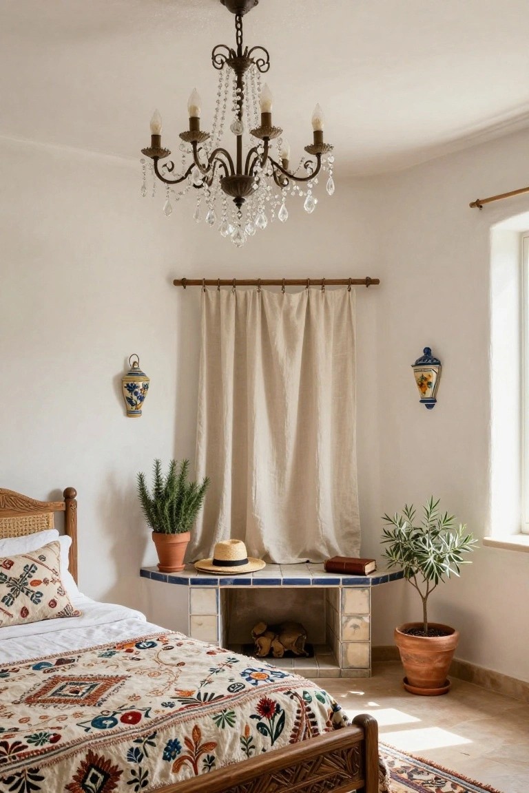White bedroom with antique crystal chandelier, rattan bed covered in embroidered quilt, potted plants, linen curtain on window, tiled hearth, and wall sconces.