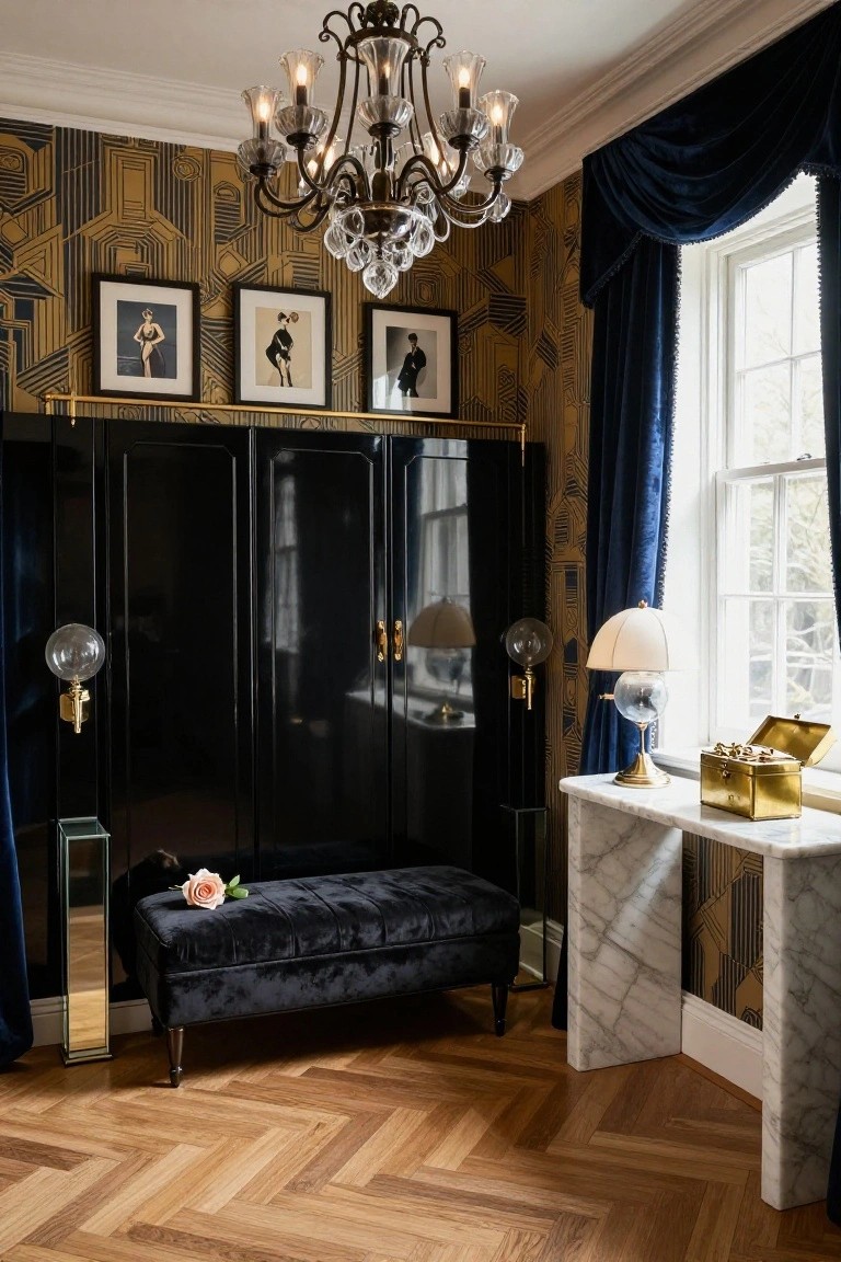 Art Deco-style interior room with gold geometric wallpaper, crystal chandelier, black lacquer wardrobes, velvet bench with pink rose, marble console table, and blue velvet window drapes over a window.