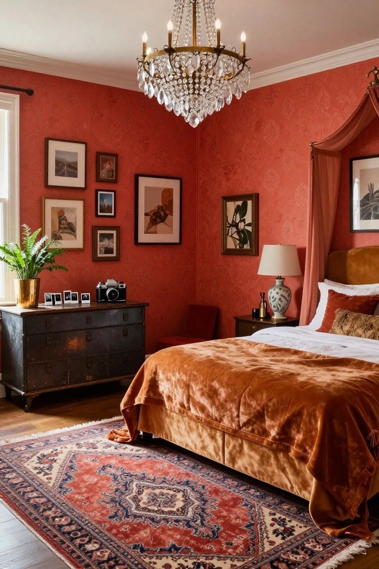Bedroom with red floral wallpaper, crystal chandelier hanging from ceiling, rust velvet bedspread on tufted bed frame, black metal dresser holding vintage camera and plants, assorted framed artwork on walls, and patterned rug on wood floor.