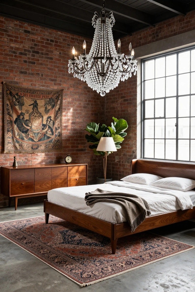 A bedroom with exposed red brick walls, a large beaded crystal chandelier, wooden dresser and bed frame with white bedding, fiddle leaf fig plant next to a lamp, large metal-framed windows, and a patterned rug on a concrete floor.