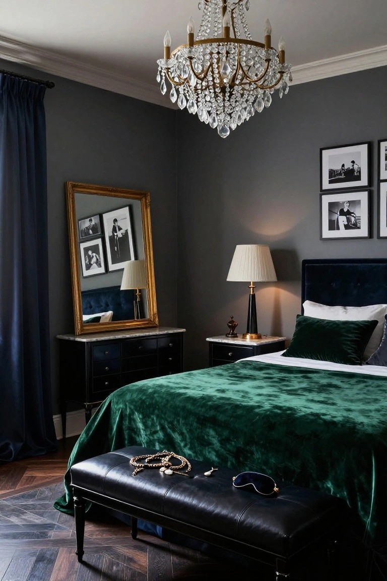 Bedroom with crystal chandelier hanging over emerald green velvet bedcover, navy velvet headboard, gold-framed mirror, marble-topped furniture, and black leather bench on herringbone wood floor.