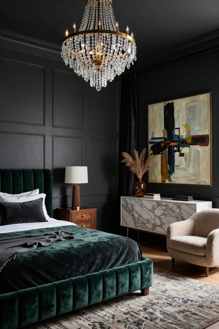 A bedroom with dark paneled walls, large crystal chandelier hanging from the ceiling, emerald green velvet tufted bed, wooden nightstand with lamp, marble-topped dresser, cream upholstered armchair, potted pampas grass, and large abstract painting.