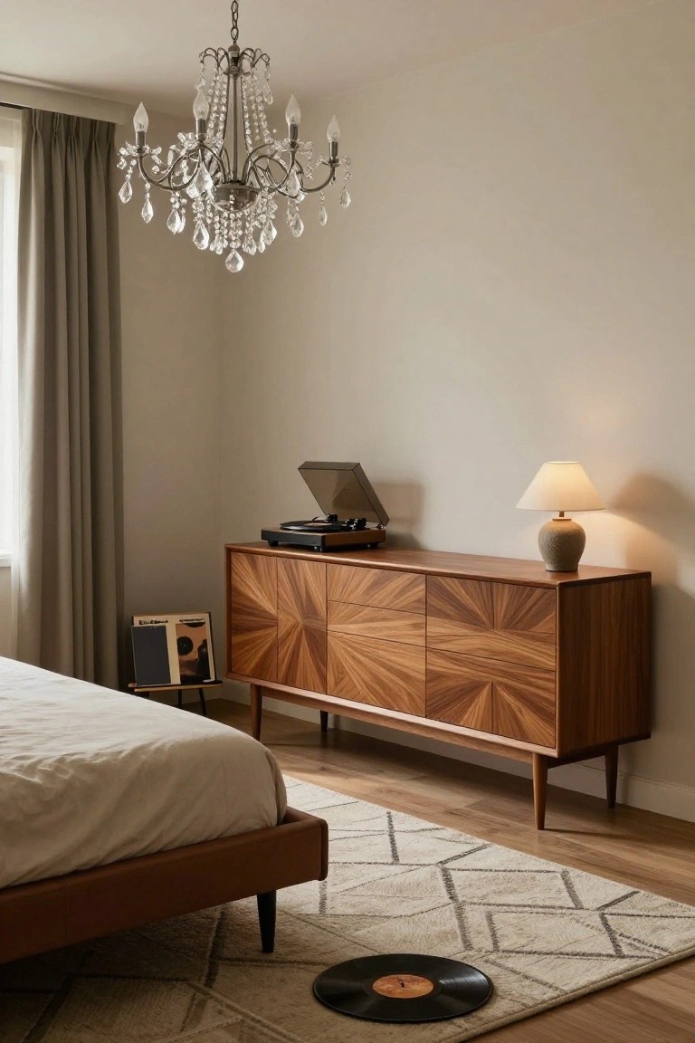Bedroom interior with a sparkling crystal chandelier above a wooden credenza topped with a record player, beside a low bed on a geometric rug, neutral walls, and beige curtains.