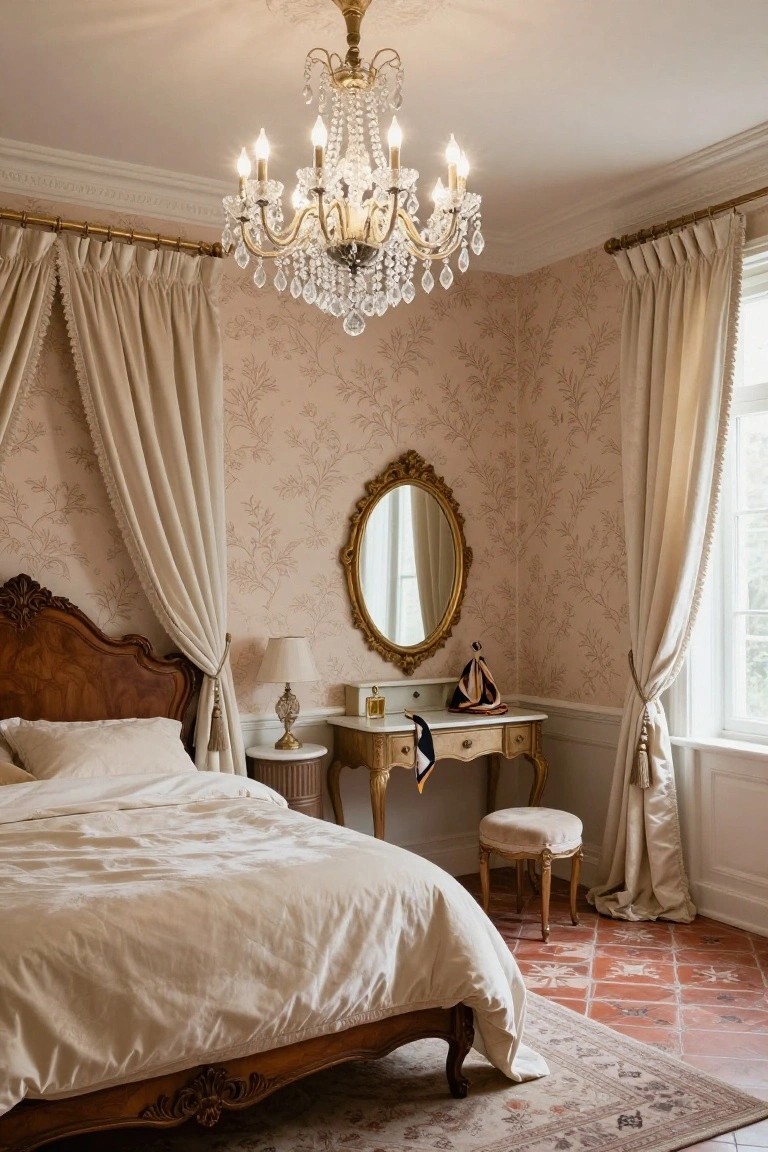 Elegant bedroom interior with a sparkling crystal chandelier above a wooden four-poster bed draped in cream fabric, pale pink floral wallpaper, gold-framed mirror, antique vanity with perfume bottles, and terracotta tile floor.