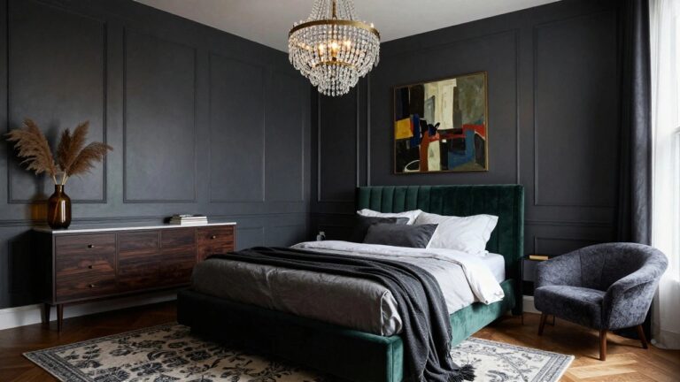 A bedroom with dark paneled walls, large crystal chandelier hanging from the ceiling, emerald green velvet tufted bed, wooden nightstand with lamp, marble-topped dresser, cream upholstered armchair, potted pampas grass, and large abstract painting.