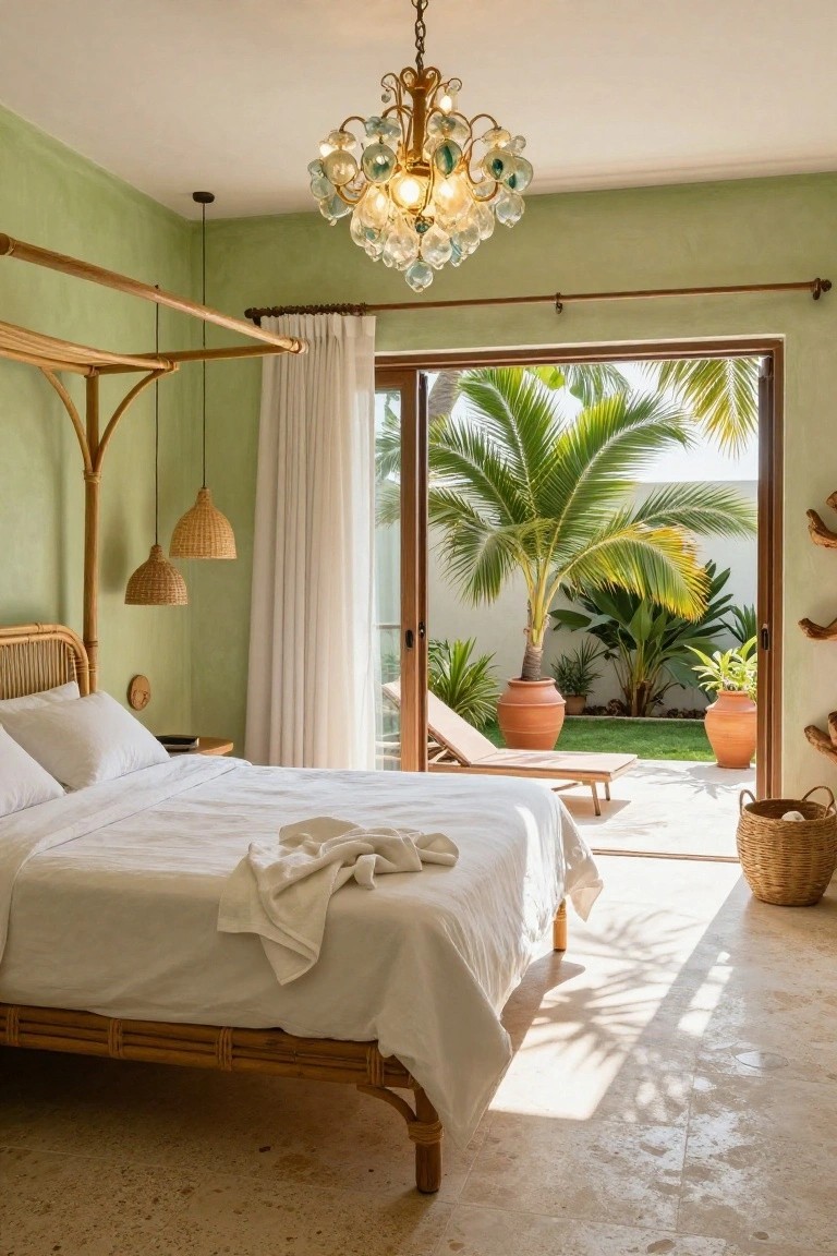 Bedroom with sage green walls, woven bamboo bed frame and canopy, white bed linens, glass bubble chandelier overhead, pendant lamps, and sliding doors open to a tropical garden patio with potted plants and lounge chair.