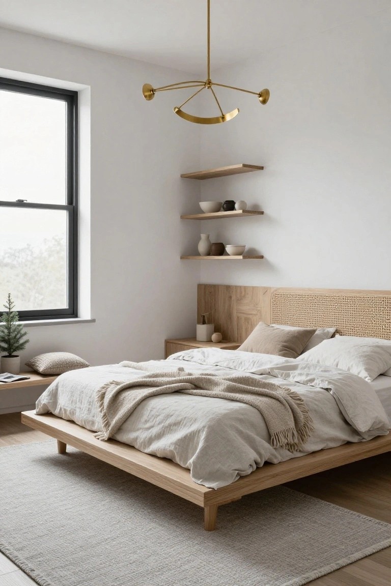 Minimalist bedroom with gold sculptural chandelier above low oak platform bed draped in white linens and cream throw, floating oak shelves with ceramic vases on white wall, black-framed window, and light wood floor with gray rug.