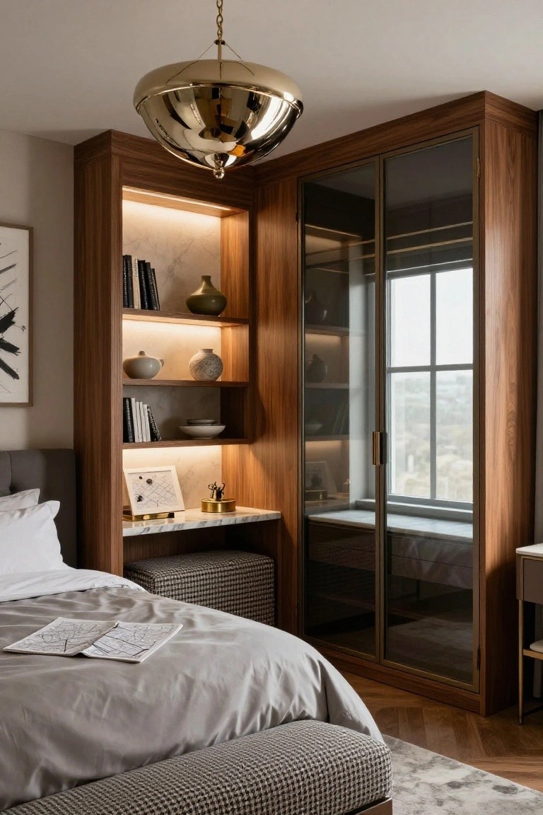 Modern bedroom with a hanging gold dome chandelier above a gray bed integrated into tall walnut built-in cabinets featuring glass doors, open LED-lit shelves with books and ceramics, and a window seat.