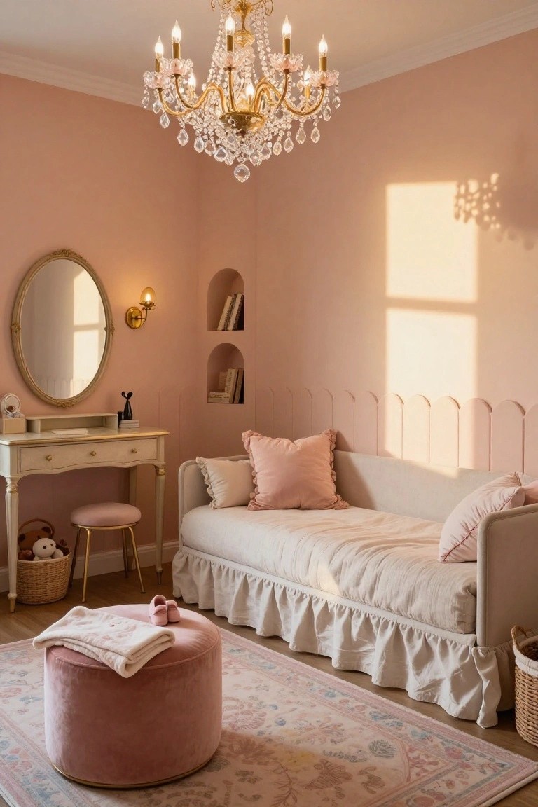 Blush pink bedroom with gold crystal chandelier overhead, white daybed with pink pillows and ruffles, gold-framed vanity table with stool, woven baskets, and pink pouf on patterned rug.