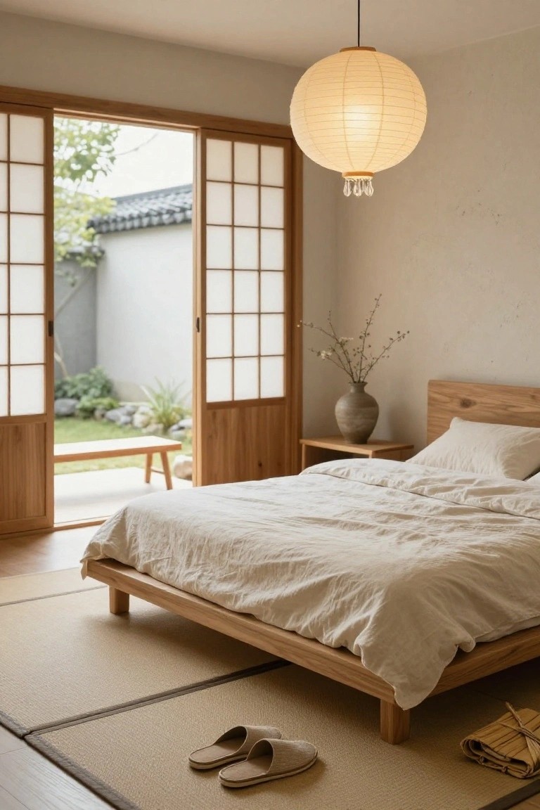 Minimalist bedroom with low wooden platform bed covered in white linens, large round white paper lantern chandelier hanging above, shoji screen doors open to small garden courtyard, tatami floor mats, slippers nearby.