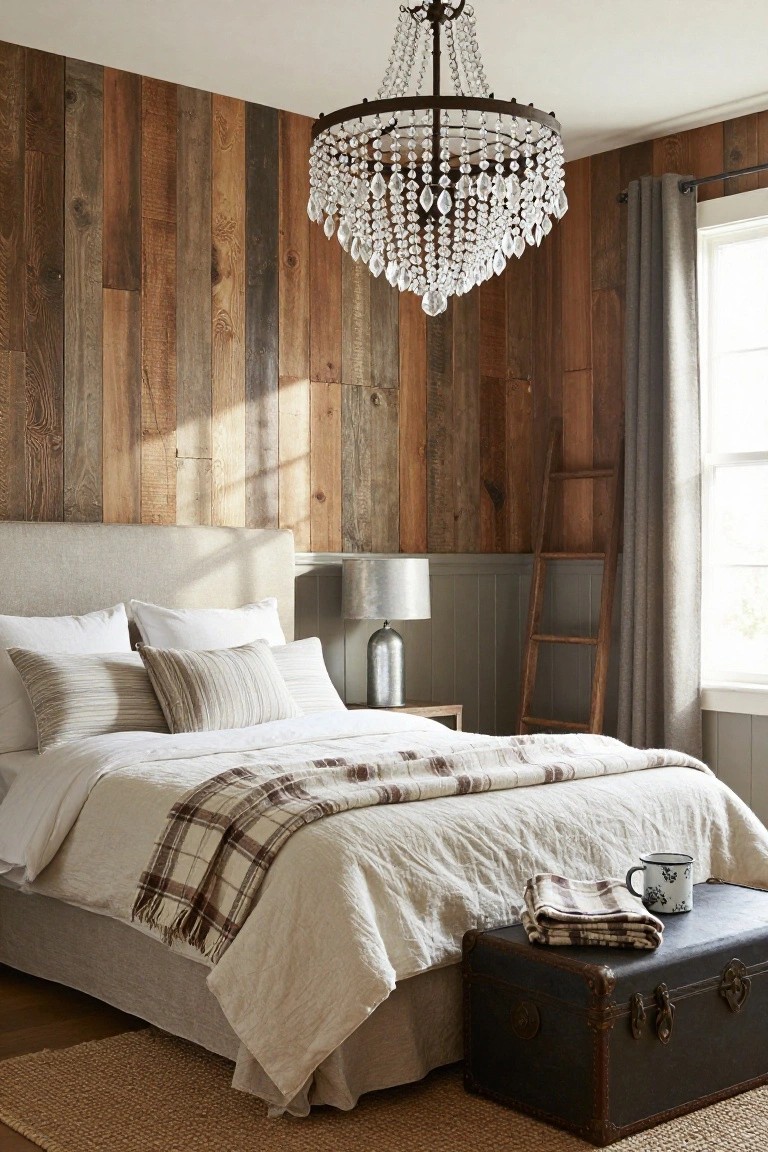 Bedroom with vertical reclaimed wood plank walls, large hanging crystal chandelier, upholstered platform bed with white linens plaid throw and pillows, bedside lamp on wood table, wooden ladder, gray curtained window, and leather trunk with mug and blanket at bed foot.