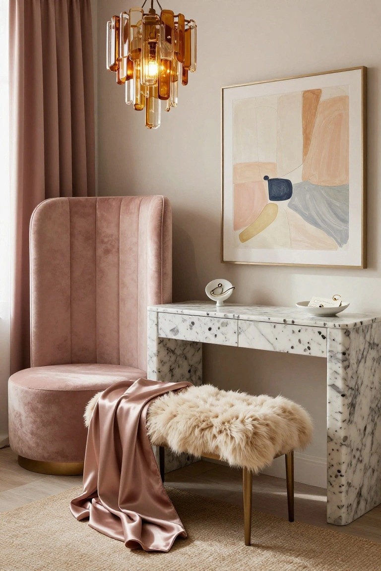 Pink velvet tub chair and pouf beside a white marble console table with white porcelain dishes, under a faceted orange glass chandelier, next to abstract wall art and pink curtains in a beige room.