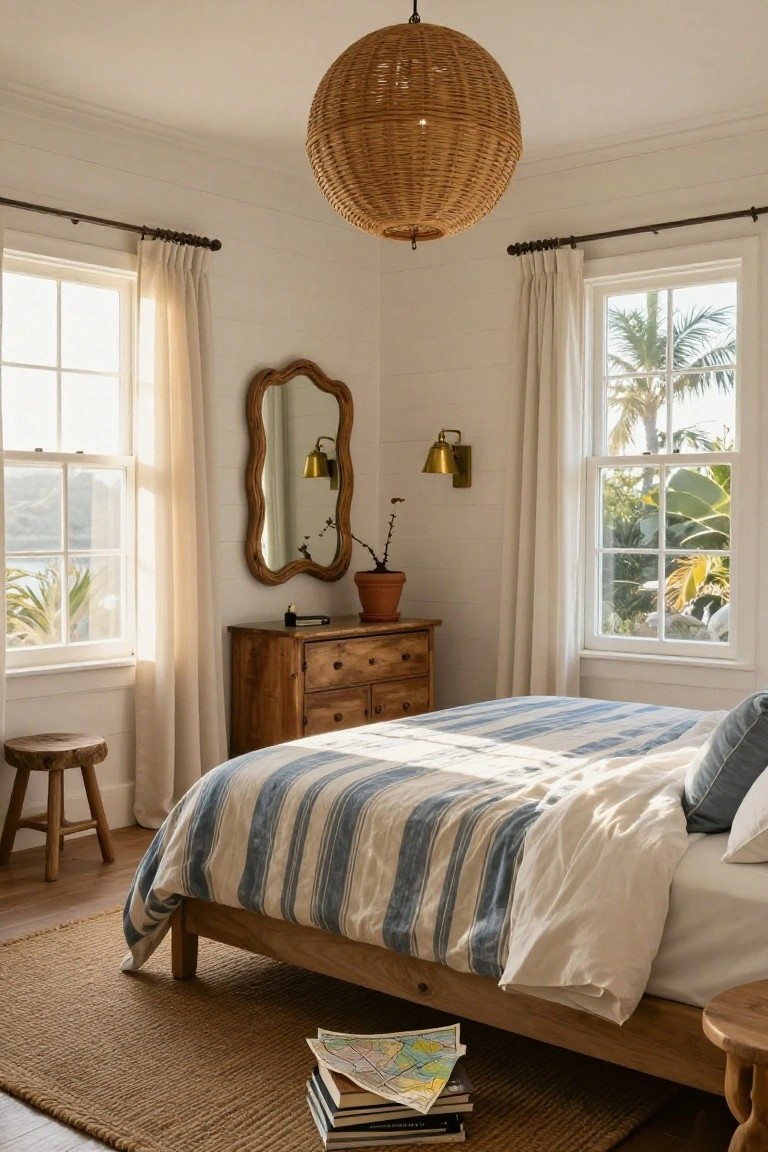 Corner view of a white shiplap bedroom with a large hanging woven rattan pendant light, wooden dresser and bed with striped duvet and pillows, ornate mirror, potted plant, and double windows overlooking palm trees and tropical plants.