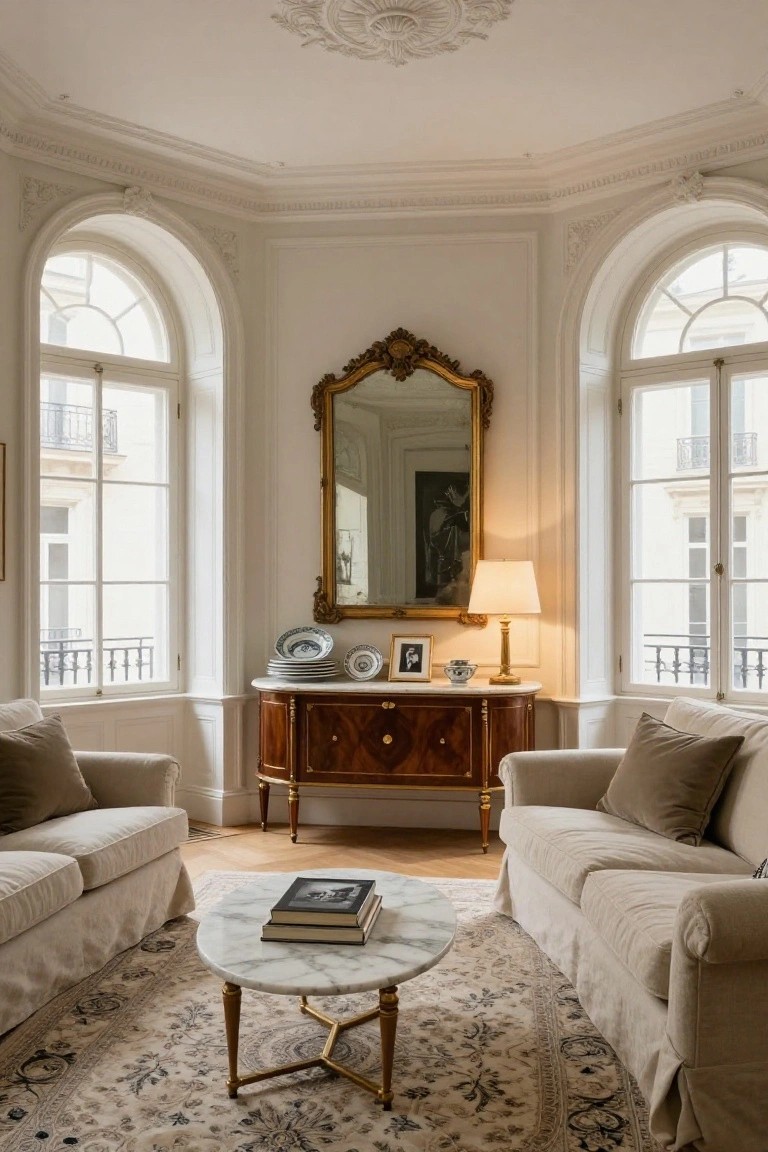 Octagonal living room with cream paneled walls, two facing beige linen sofas, central white marble coffee table on beige oriental rug, mahogany credenza topped with gilded mirror, lamp, blue and white dishes between two arched white windows with balconies outside.