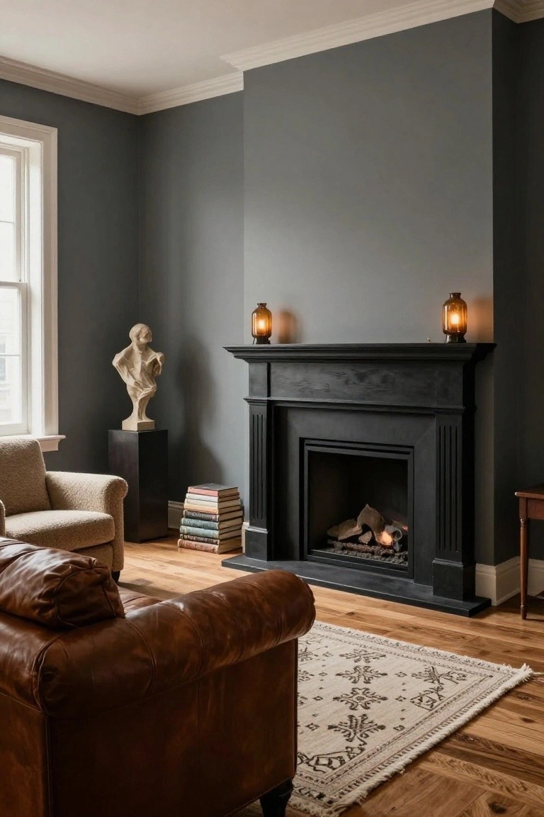 A living room with dark gray walls, black wood fireplace mantel and surround with gas fire, brown leather sofa, cream upholstered armchair, white plaster bust on black pedestal, stack of books, small side table, and neutral patterned rug on light wood floors.