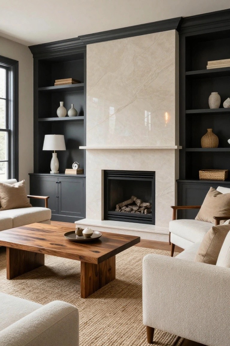 Living room with dark built-in shelving and cabinets framing a tall beige marble fireplace, neutral cream sofas, wooden coffee table, beige rug, and table lamp on lower shelves.