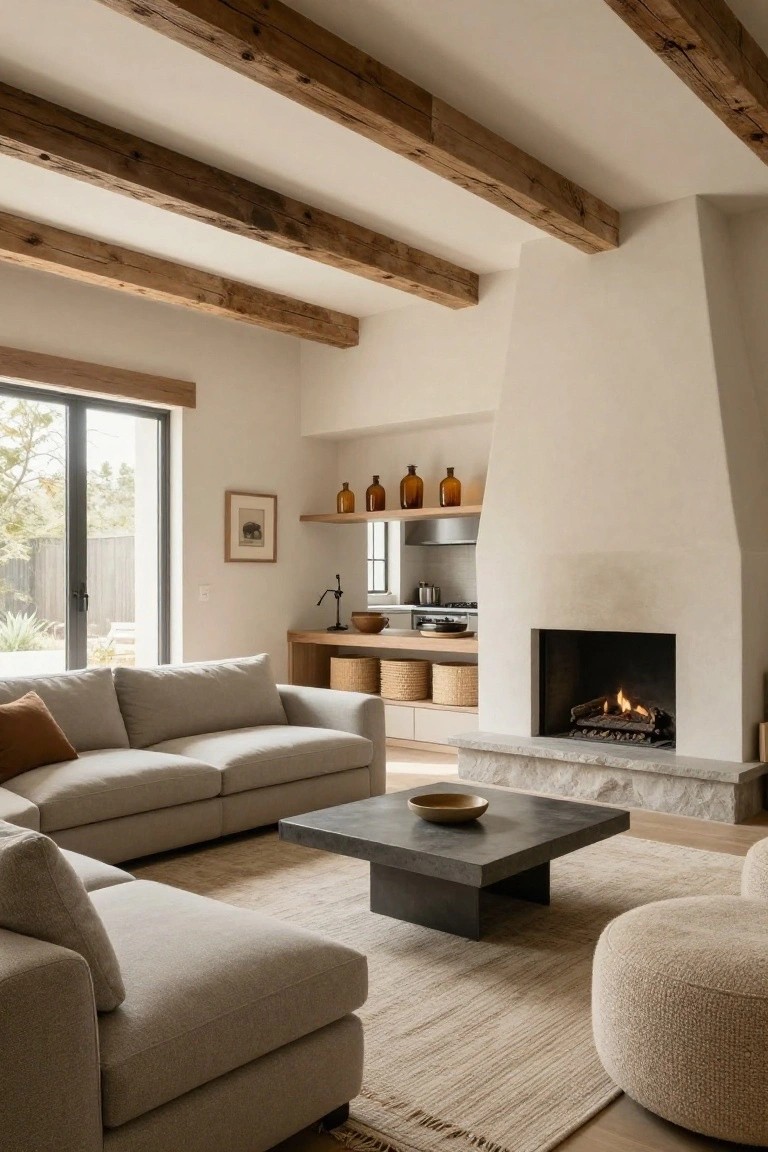 A neutral living room with exposed dark wooden ceiling beams, light gray L-shaped sofa, black rectangular coffee table, beige ottoman, stone fireplace, and large sliding doors to greenery.